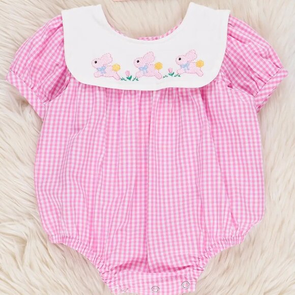 Other - Pink Gingham Baby Romper with Floral Embroidery